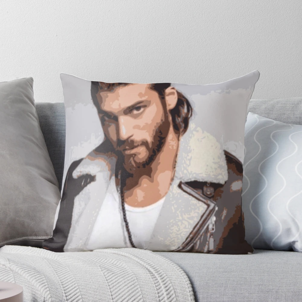 Can Yaman portrait printed on a decorative throw pillow
