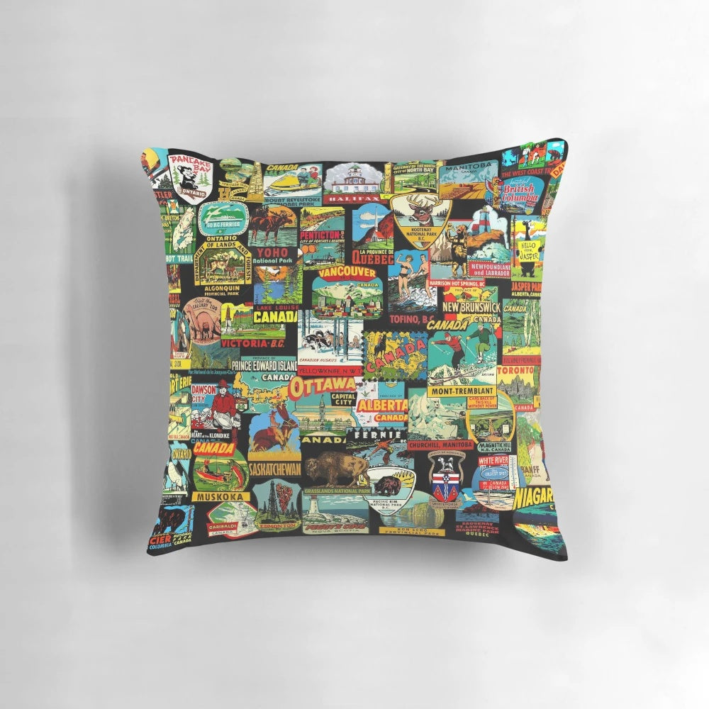 Canada travel sticker bomb design on a white throw pillow