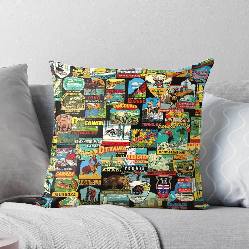 Canada travel sticker bomb design on a white throw pillow