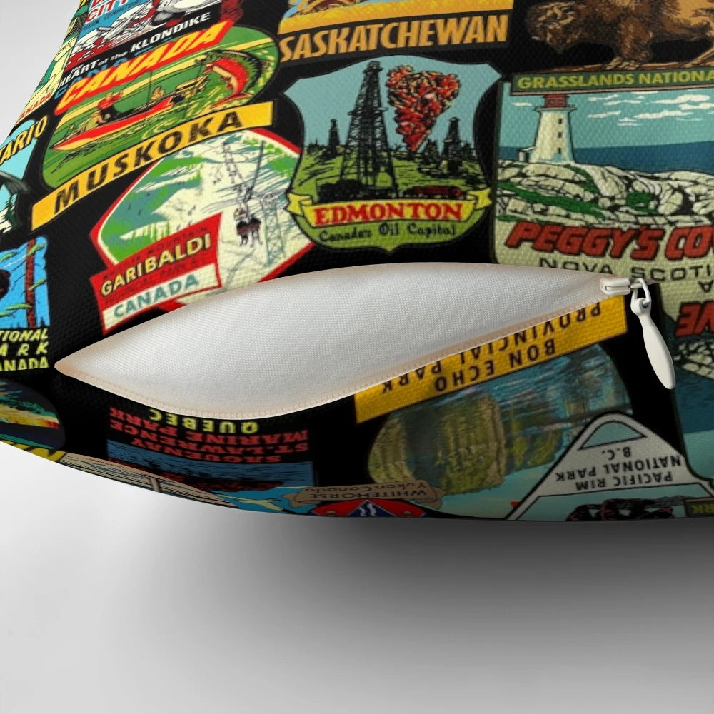Canada travel sticker bomb design on a white throw pillow