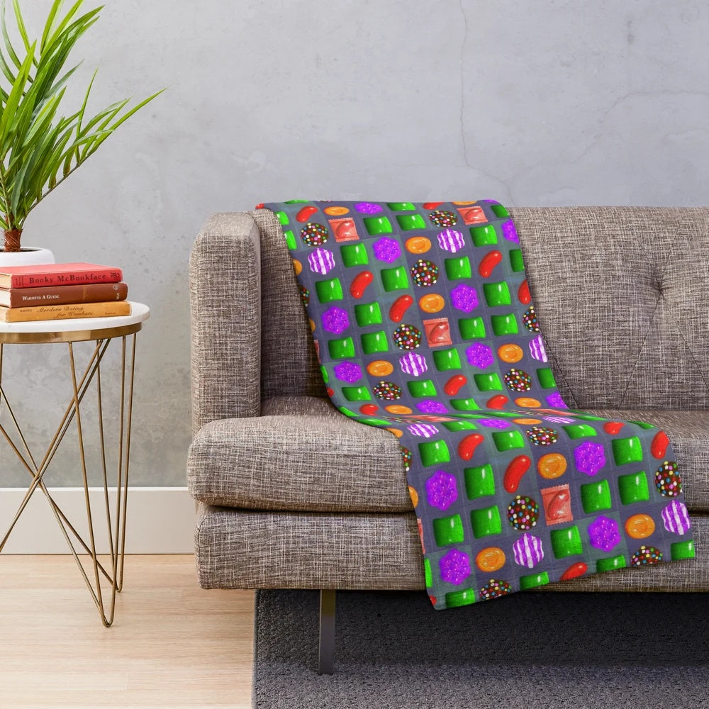 Candy Crush themed plush blanket with colorful candies and game graphics