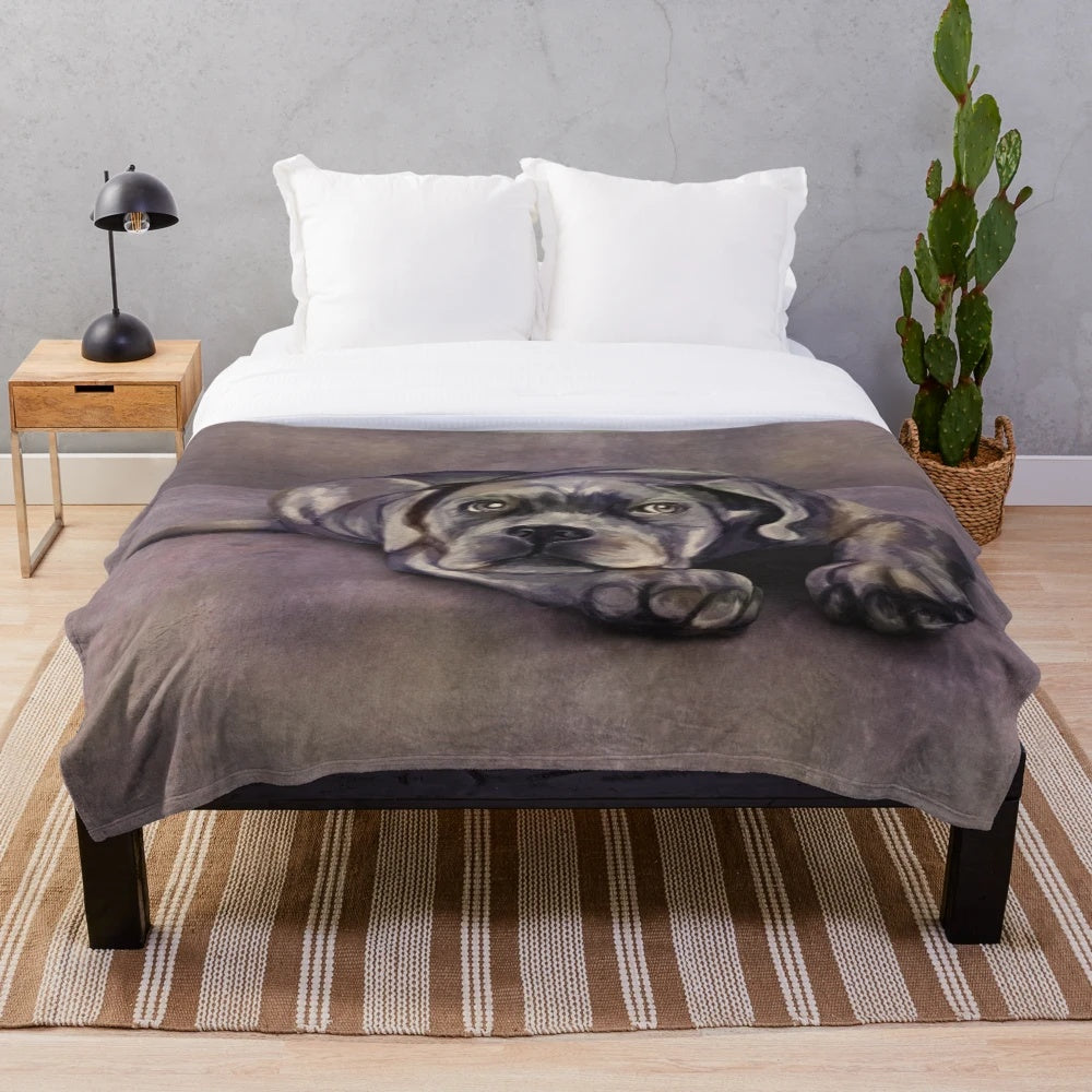 Cane Corso plush blanket with Italian Mastiff puppy watercolor portrait