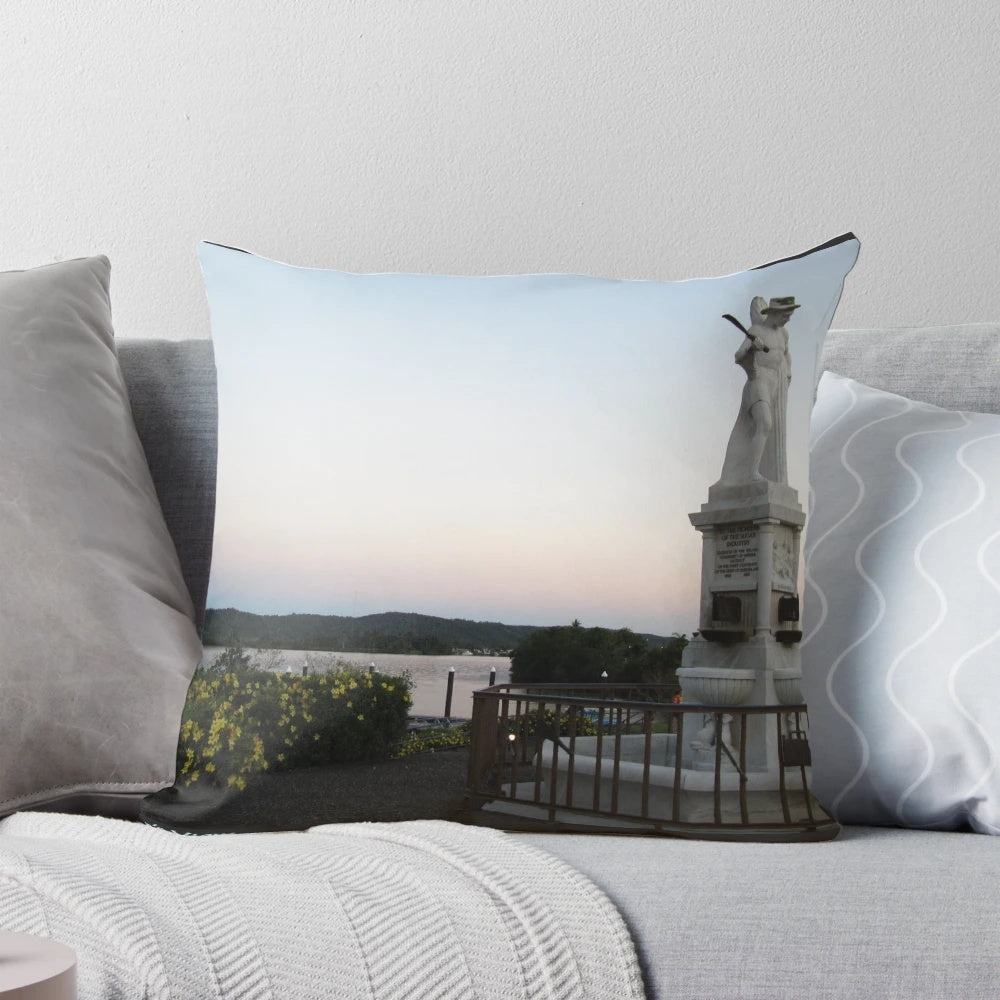 Pillow featuring a scenic view of the Johnstone River and canecutter monument in Innisfail, North Queensland