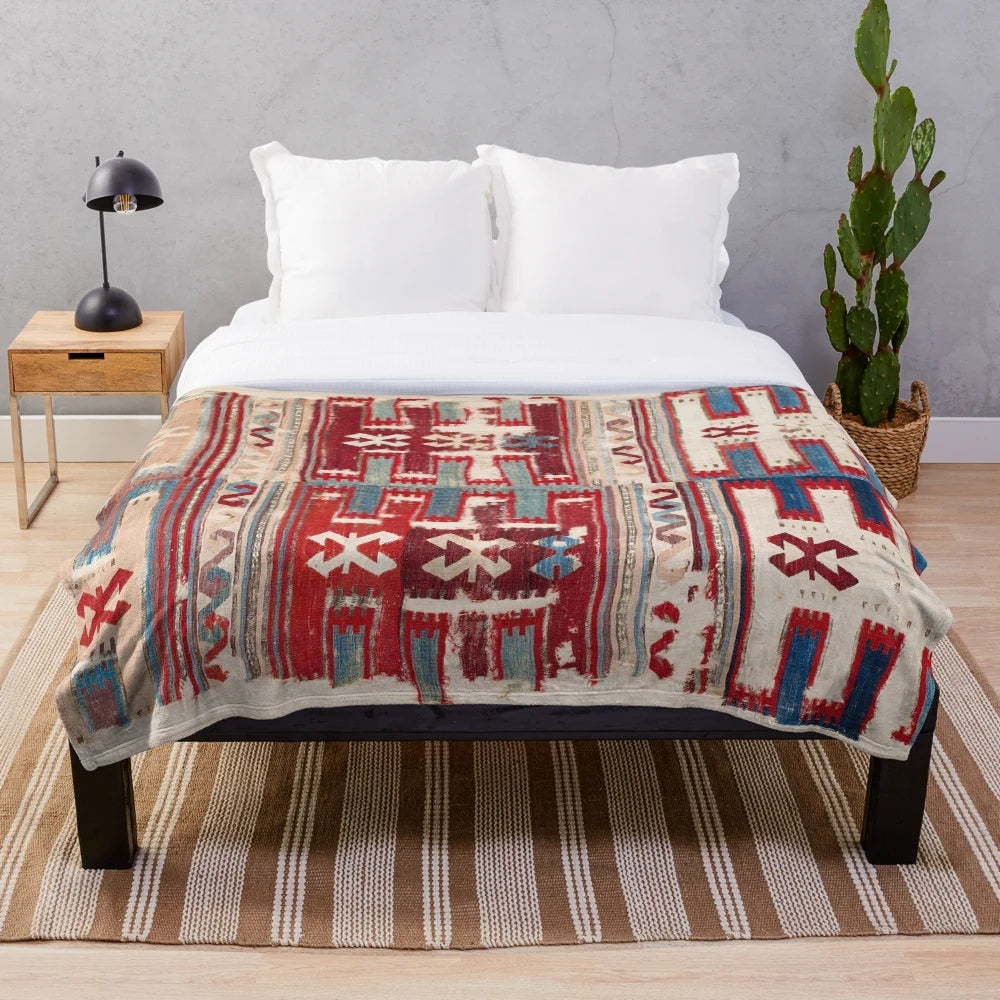 Cappadocian Anatolian kilim inspired plush blanket with geometric, tribal pattern
