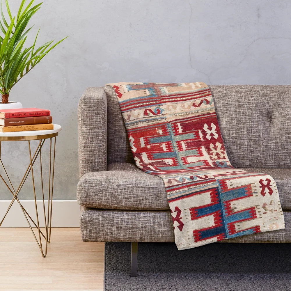 Cappadocian Anatolian kilim inspired plush blanket with geometric, tribal pattern