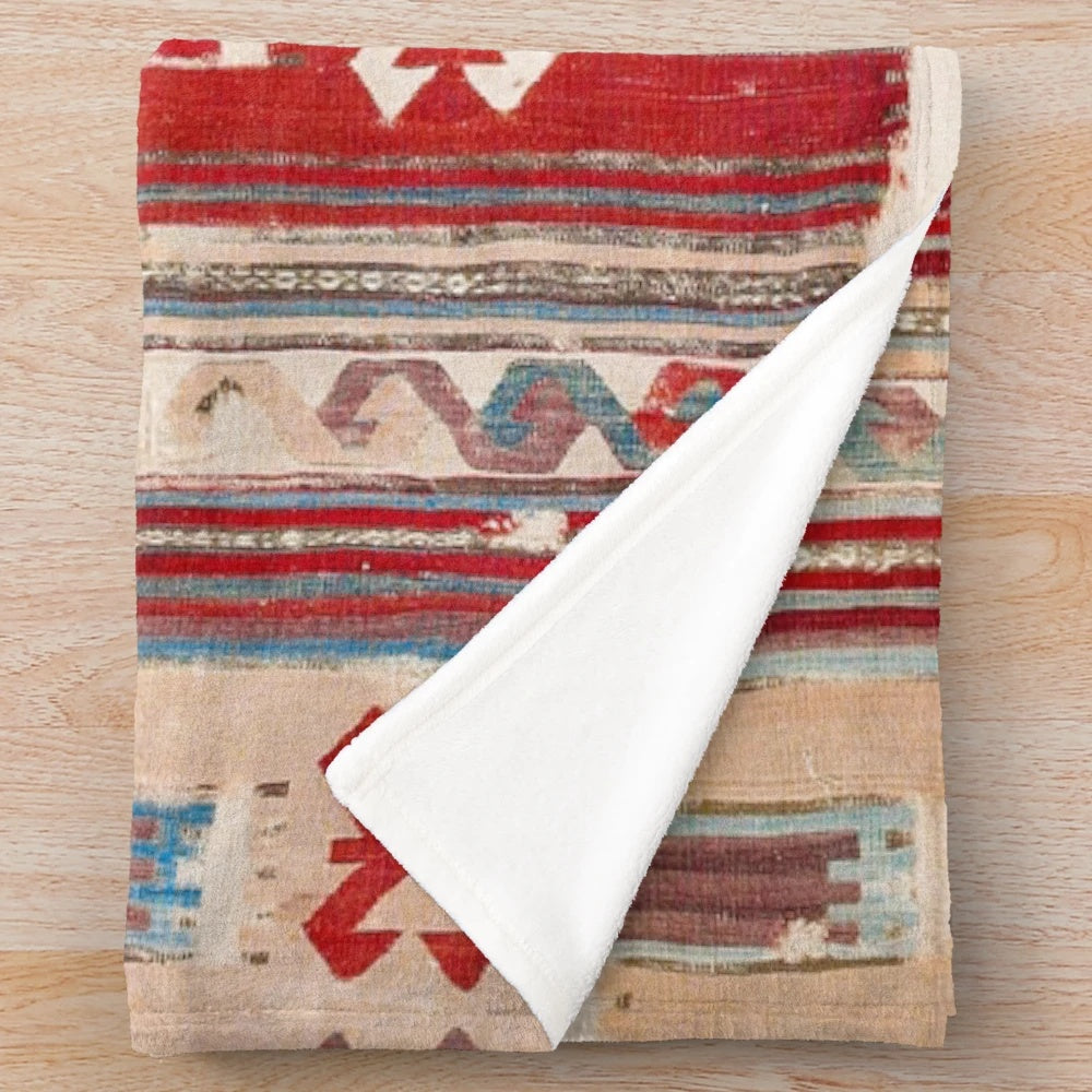 Cappadocian Anatolian kilim inspired plush blanket with geometric, tribal pattern