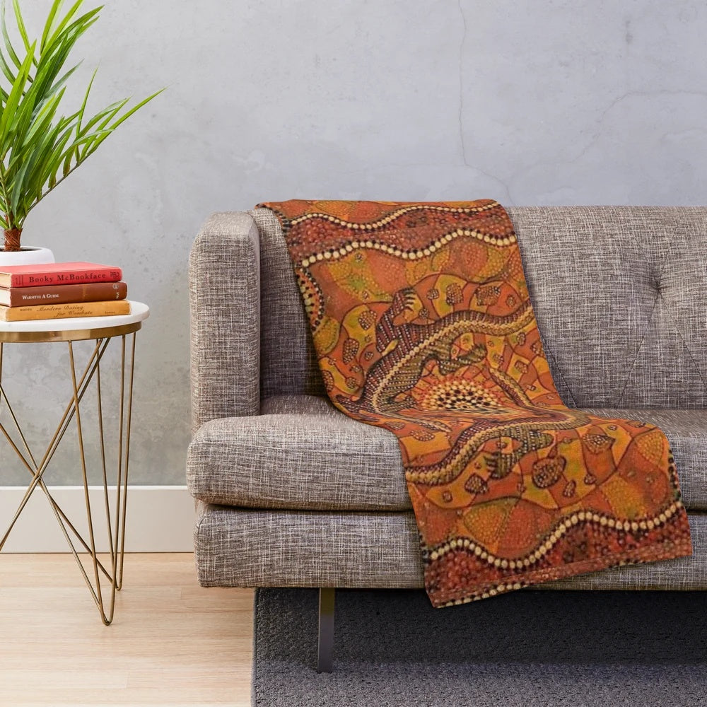Closeup of a plush blanket featuring aboriginal-inspired dot painting design