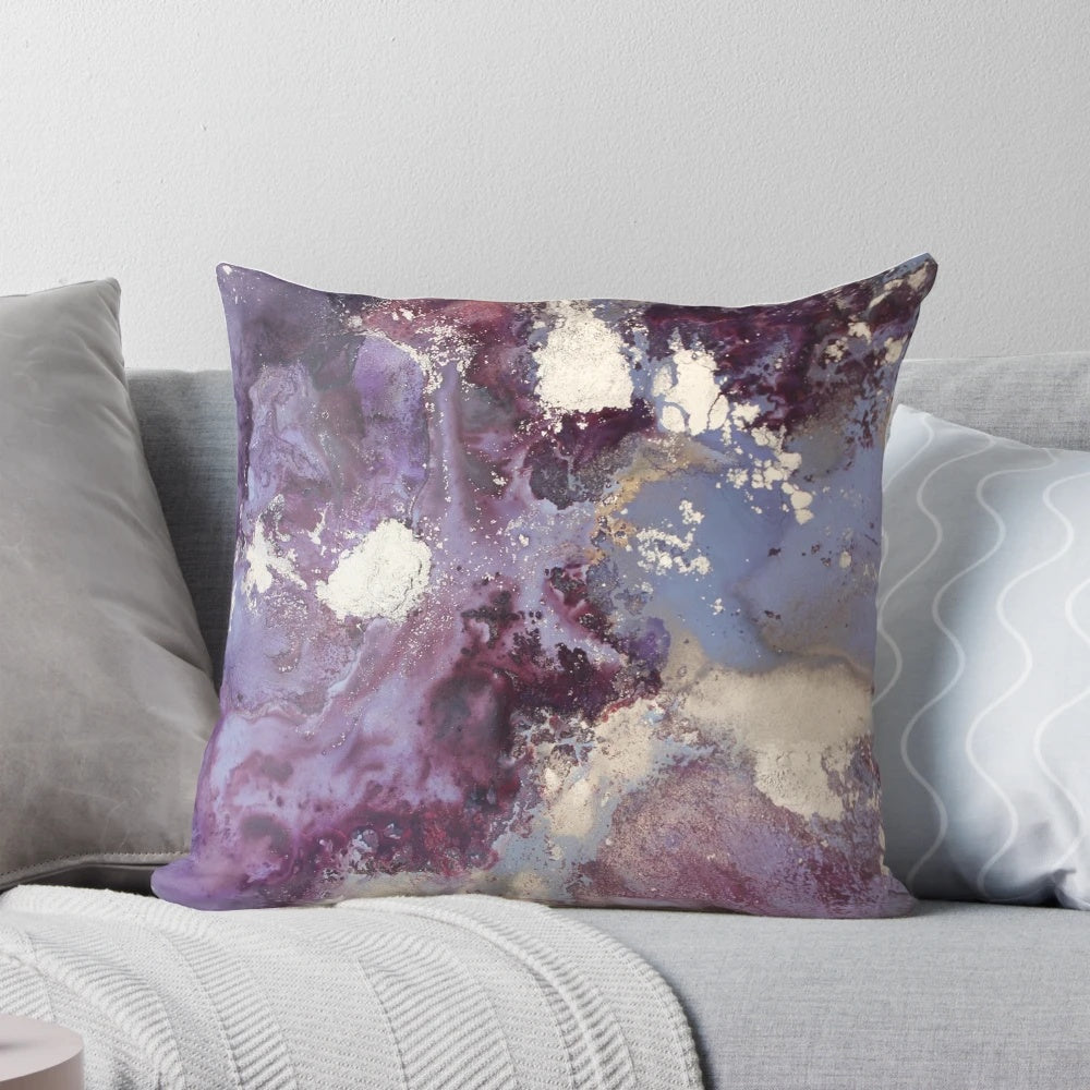 Vibrant abstract fluid art eggplant pillow, showcasing the contemporary designs of Australian artist Michelle Drougas.