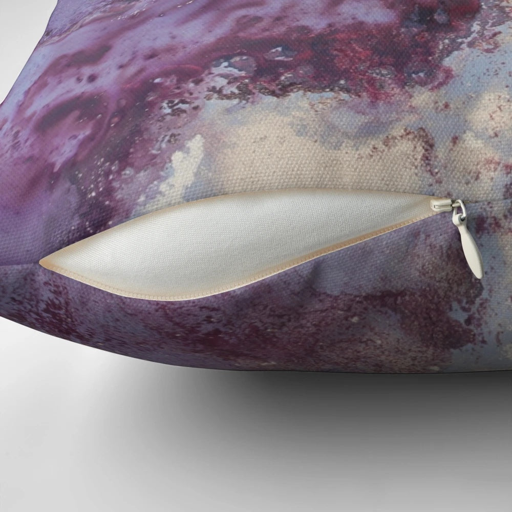 Vibrant abstract fluid art eggplant pillow, showcasing the contemporary designs of Australian artist Michelle Drougas.