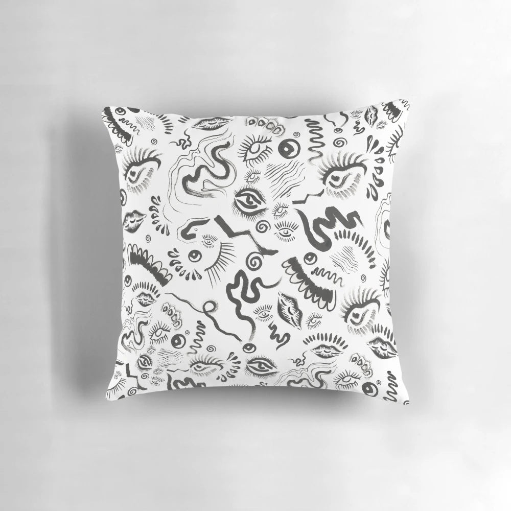 Inked Visions Pillow - Black and white abstract art featuring an eye and lips design