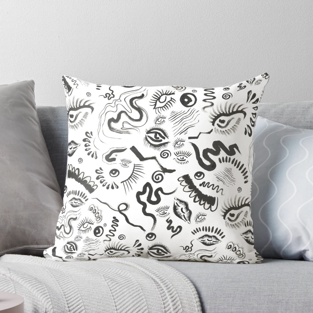Inked Visions Pillow - Black and white abstract art featuring an eye and lips design