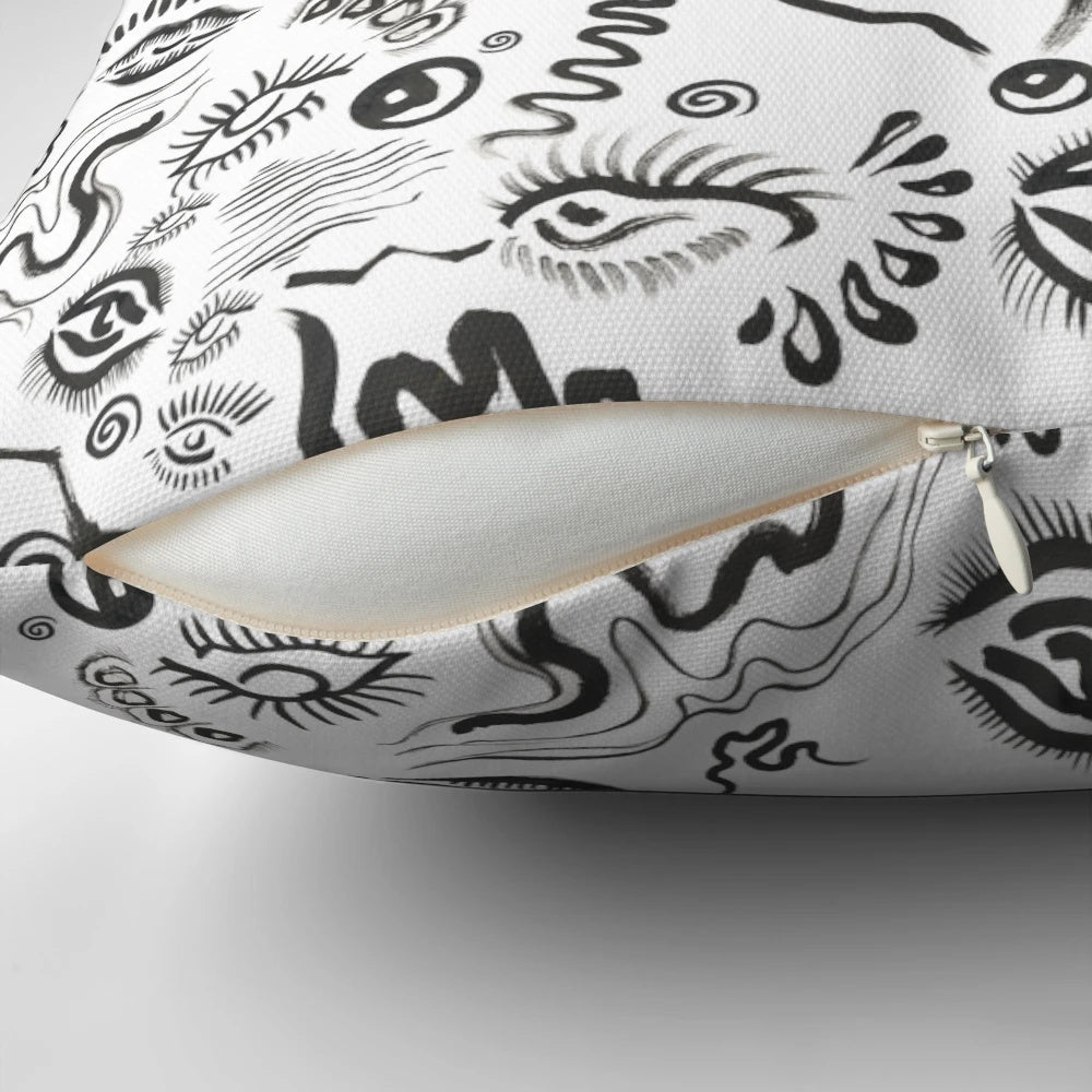 Inked Visions Pillow - Black and white abstract art featuring an eye and lips design