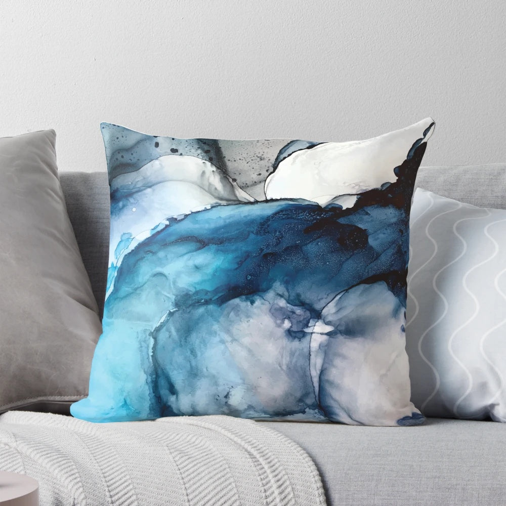 Vibrant abstract alcohol ink painting depicting a serene ocean landscape with waves, sand, and calming blue tones.