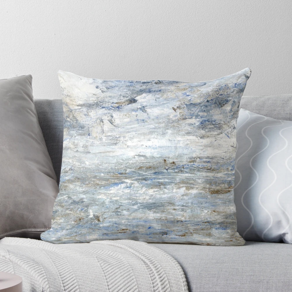 Stormy abstract seascape painting in grey and blue with frothing waves and dramatic sky