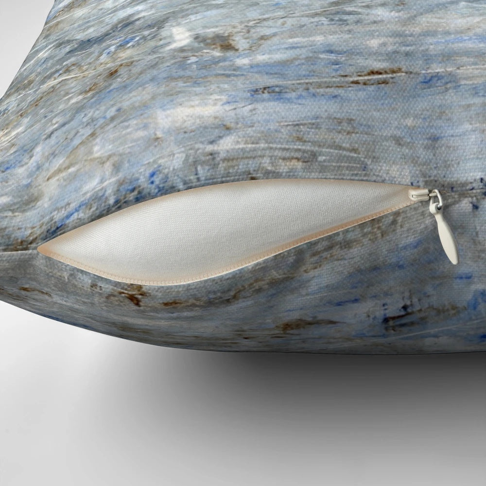 Stormy abstract seascape painting in grey and blue with frothing waves and dramatic sky