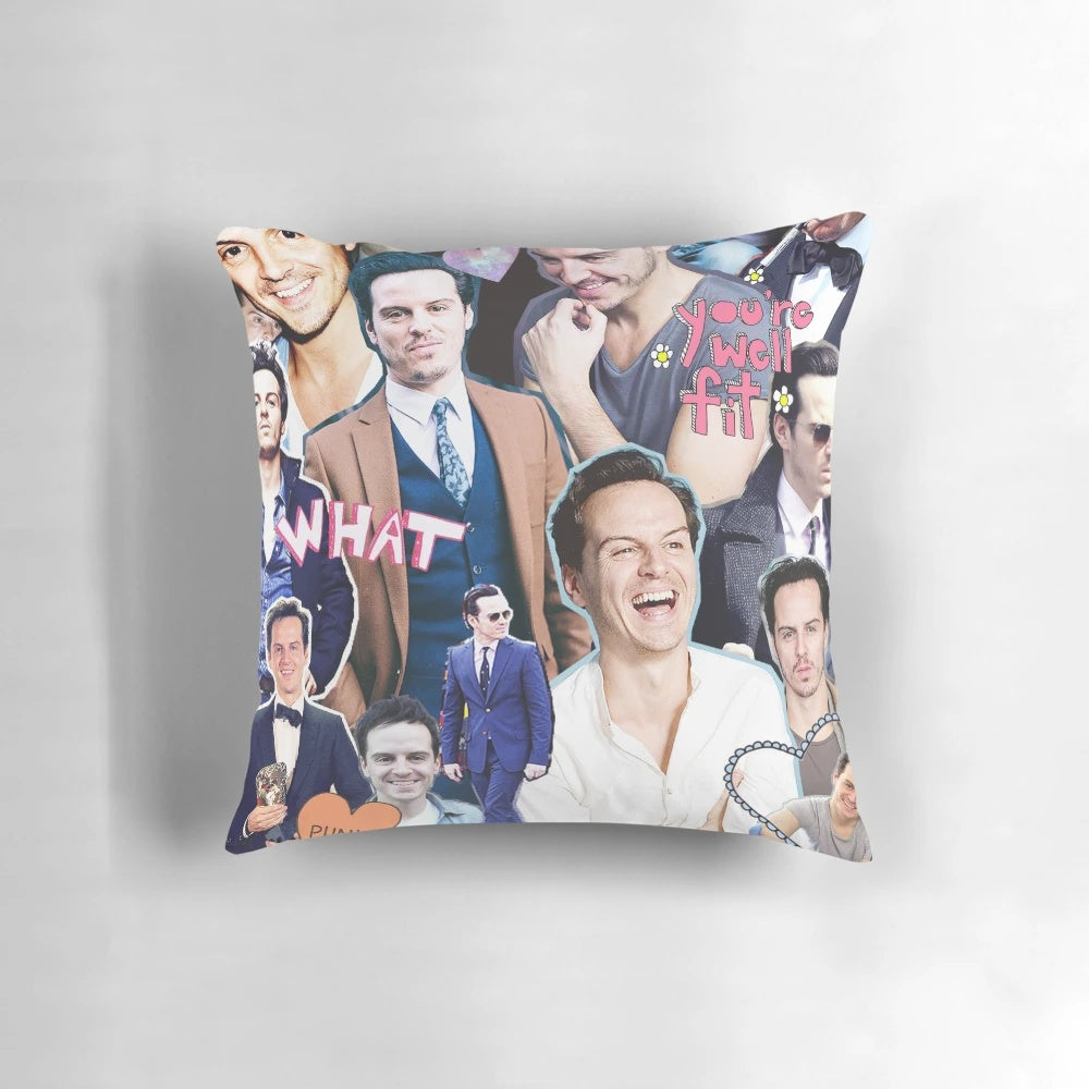 Vibrant collage image of actor Andrew Scott, known for his role as Jim Moriarty in the BBC series Sherlock, featured on a soft, plush pillow.