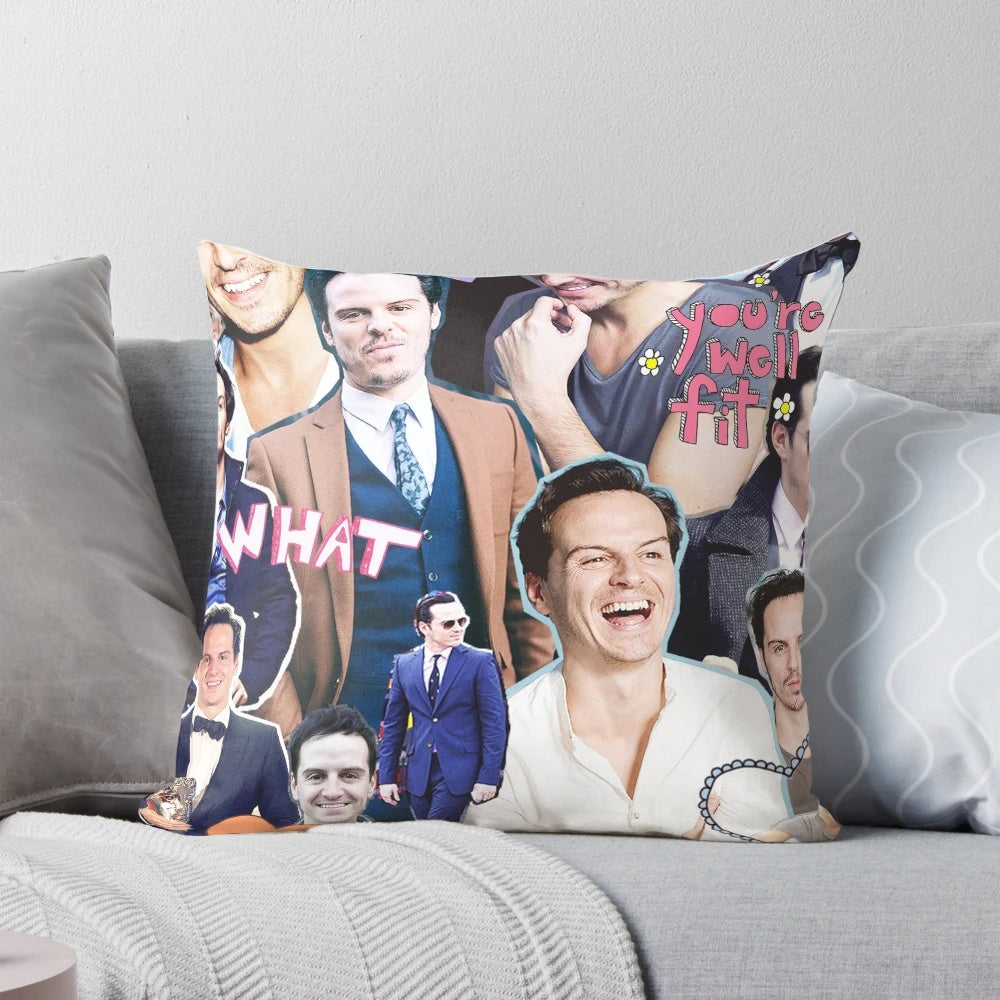 Vibrant collage image of actor Andrew Scott, known for his role as Jim Moriarty in the BBC series Sherlock, featured on a soft, plush pillow.