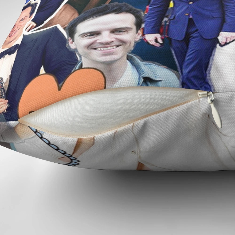 Vibrant collage image of actor Andrew Scott, known for his role as Jim Moriarty in the BBC series Sherlock, featured on a soft, plush pillow.