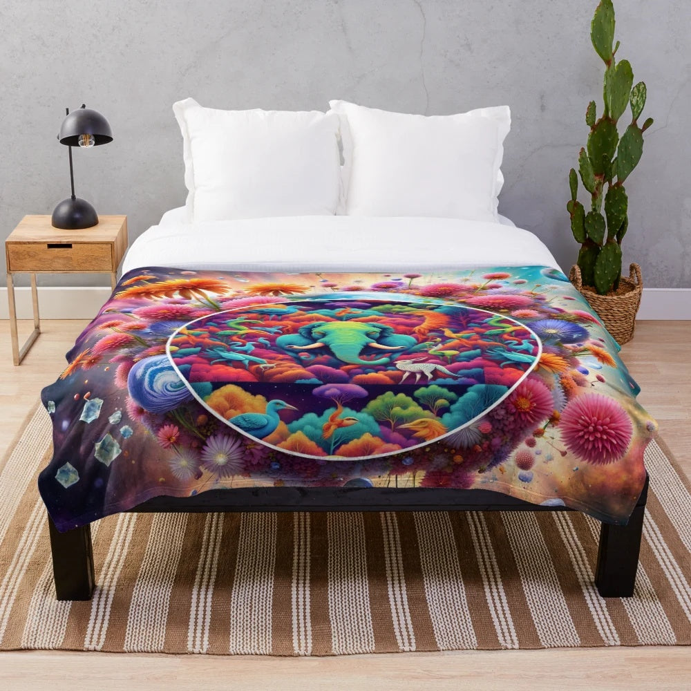 Cozy plush blanket with an artistic, surreal animal kingdom design