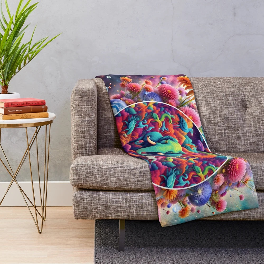 Cozy plush blanket with an artistic, surreal animal kingdom design