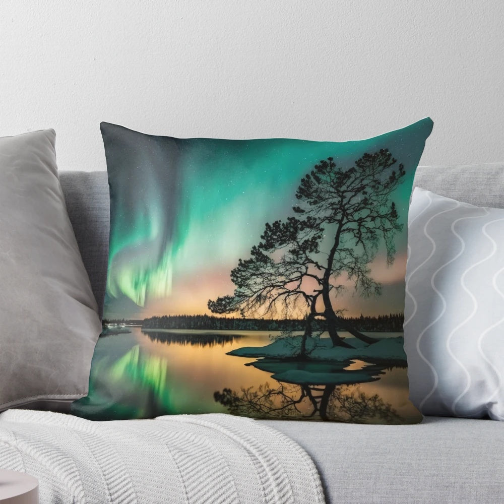 Aurora Borealis Pillow with Stunning Mountain Landscape at Night