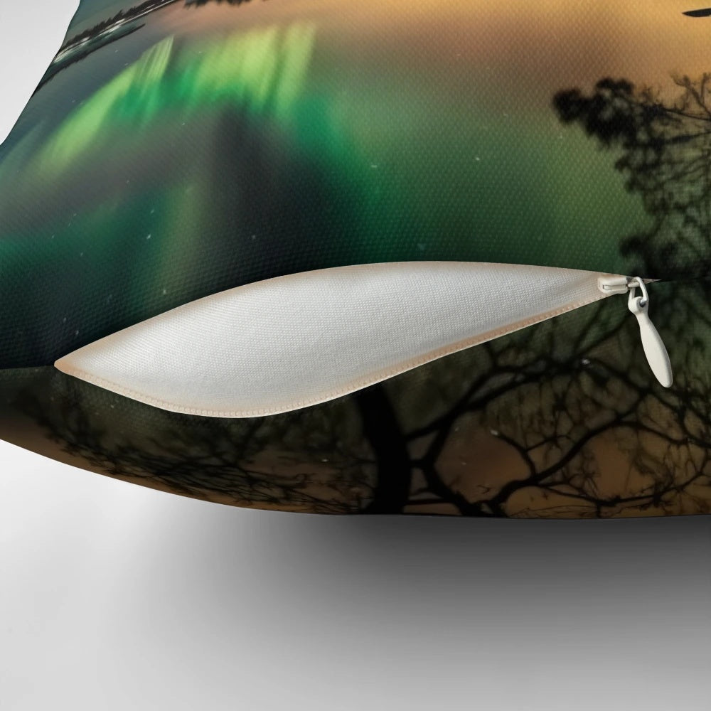Aurora Borealis Pillow with Stunning Mountain Landscape at Night