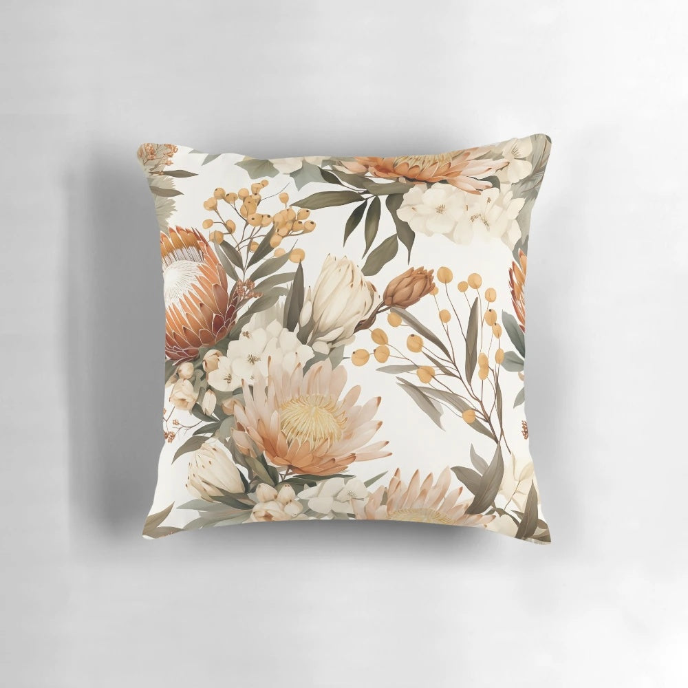 Vibrant watercolor illustration of an Australian native plant on a decorative pillow