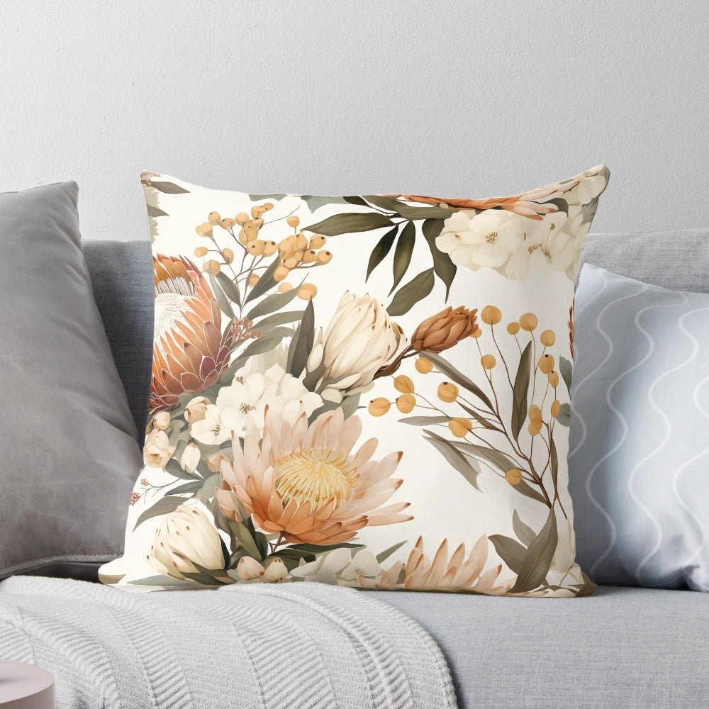 Vibrant watercolor illustration of an Australian native plant on a decorative pillow