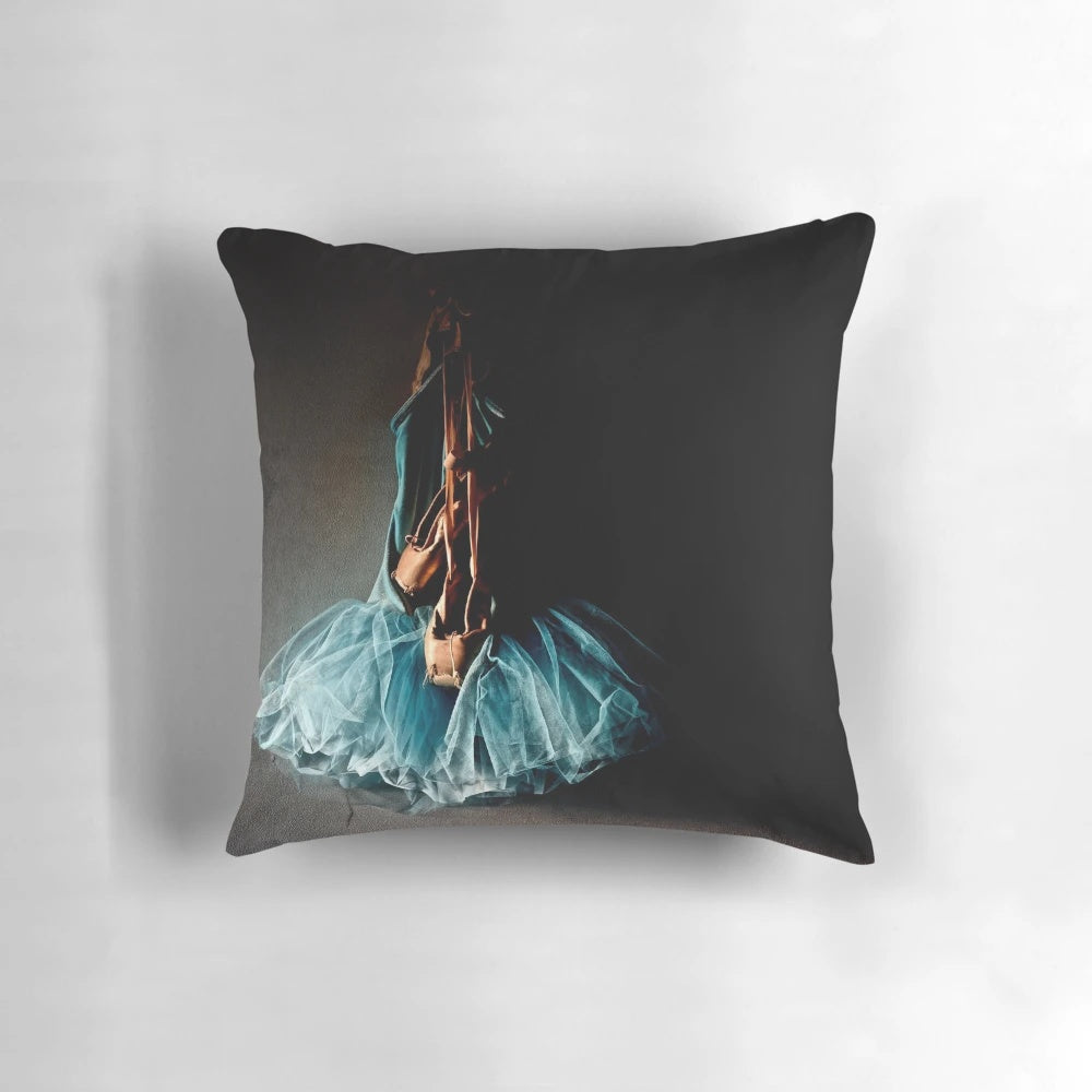 Dramatic ballet tutu on an old weathered wall, printed on a plush pillow for a refined, artistic home decor accent.