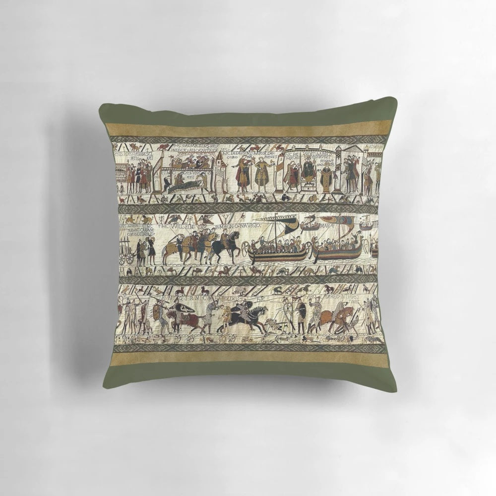 Bayeux Tapestry inspired decorative pillow featuring medieval art and Viking elements