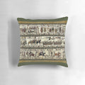 Bayeux Tapestry inspired decorative pillow featuring medieval art and Viking elements