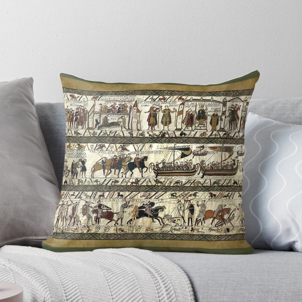 Bayeux Tapestry inspired decorative pillow featuring medieval art and Viking elements
