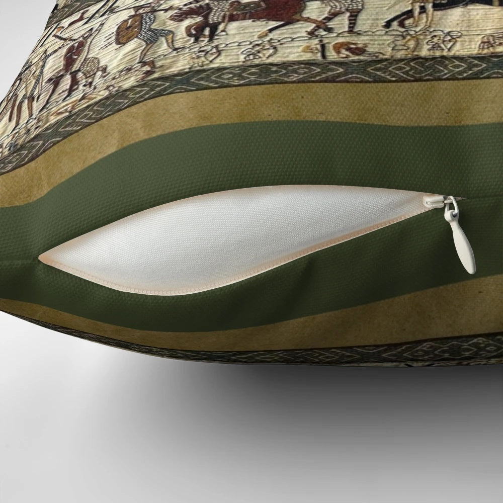 Bayeux Tapestry inspired decorative pillow featuring medieval art and Viking elements