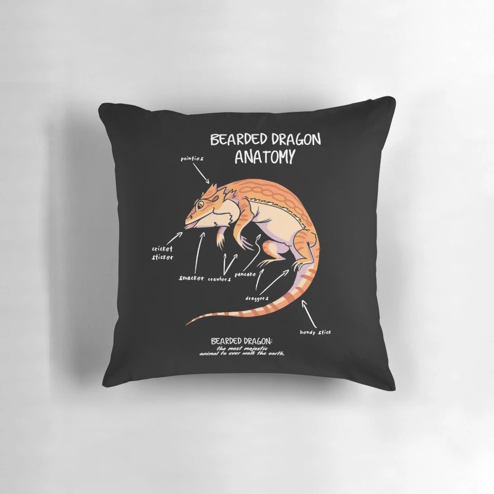 Bearded dragon anatomy pillow featuring detailed, lifelike illustration