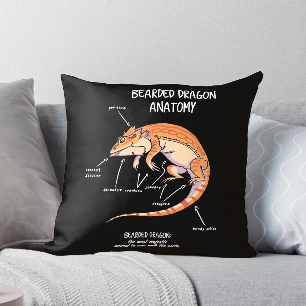 Bearded dragon anatomy pillow featuring detailed, lifelike illustration