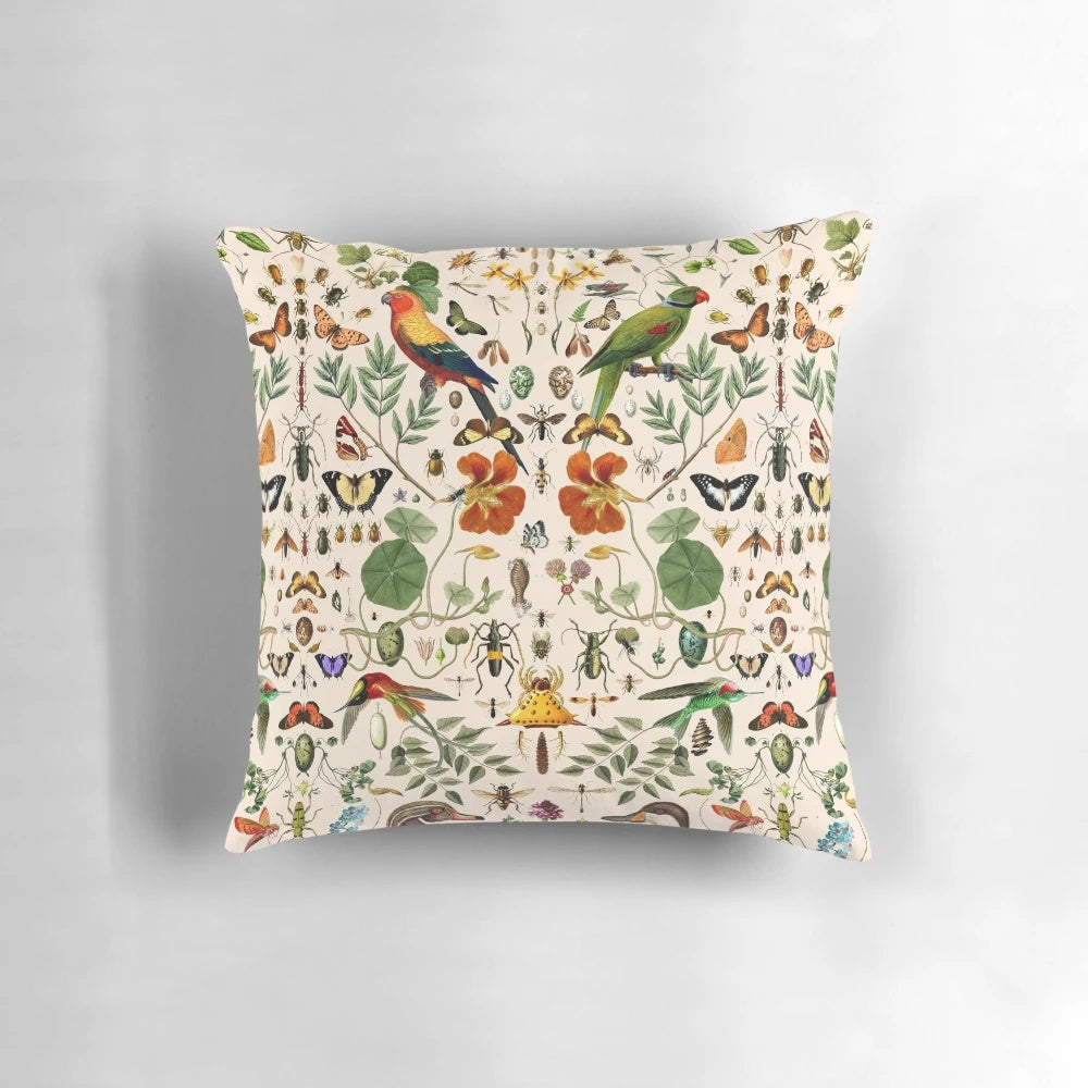 Detailed nature-inspired Biology 404 Pillow featuring butterflies, birds, and botanical elements