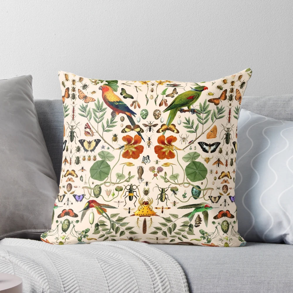 Detailed nature-inspired Biology 404 Pillow featuring butterflies, birds, and botanical elements