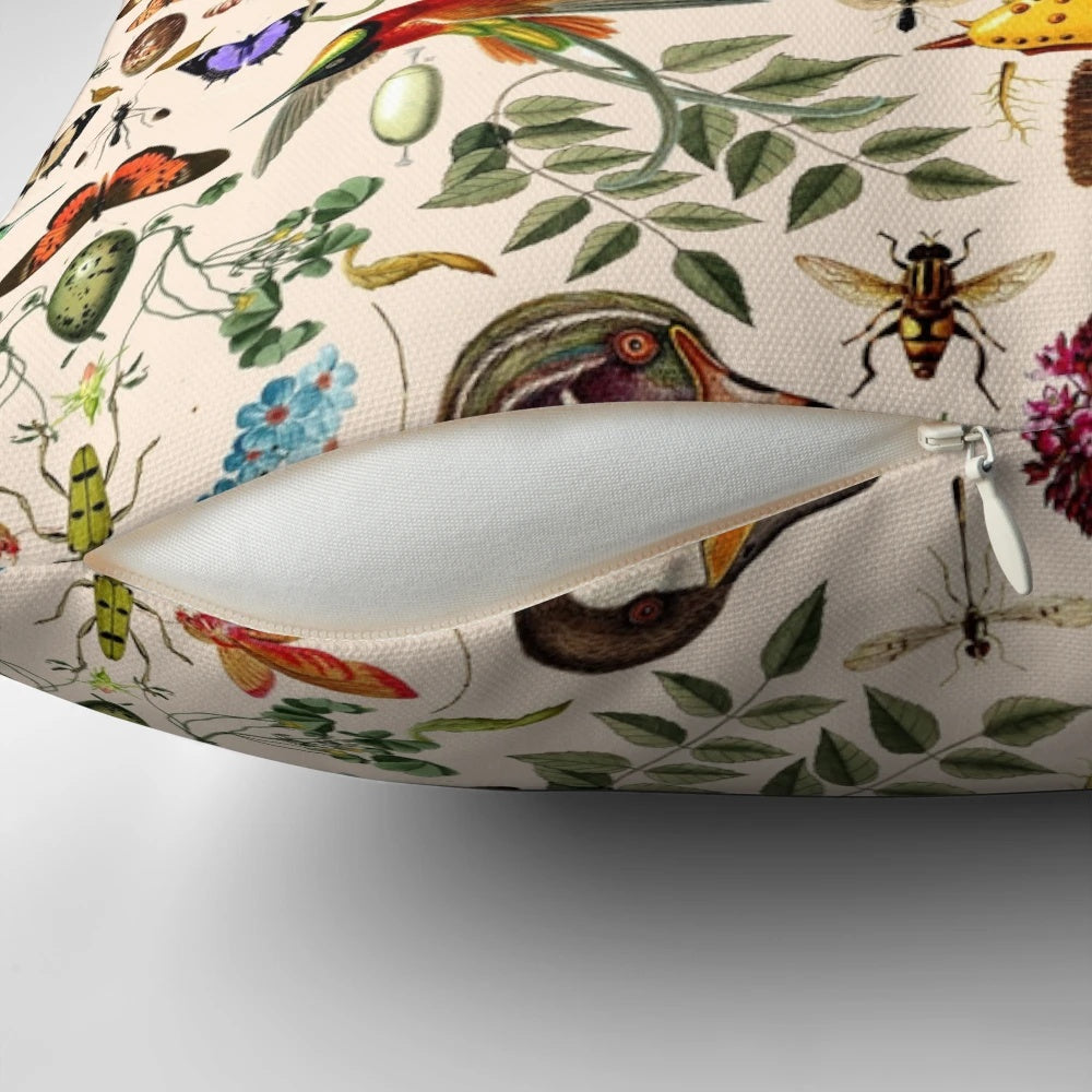 Detailed nature-inspired Biology 404 Pillow featuring butterflies, birds, and botanical elements