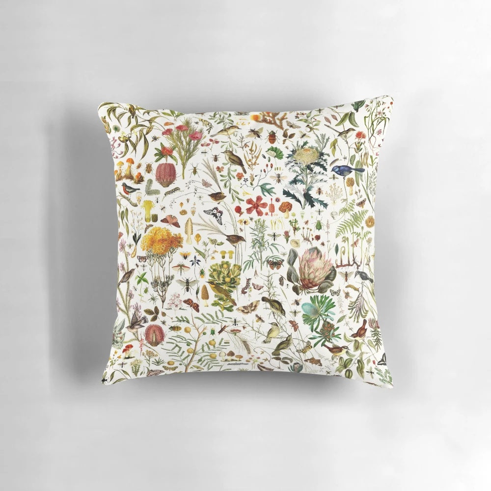 A detailed, seamless pattern featuring a collage of Australian flora and fauna, including butterflies, birds, insects, and botanicals.