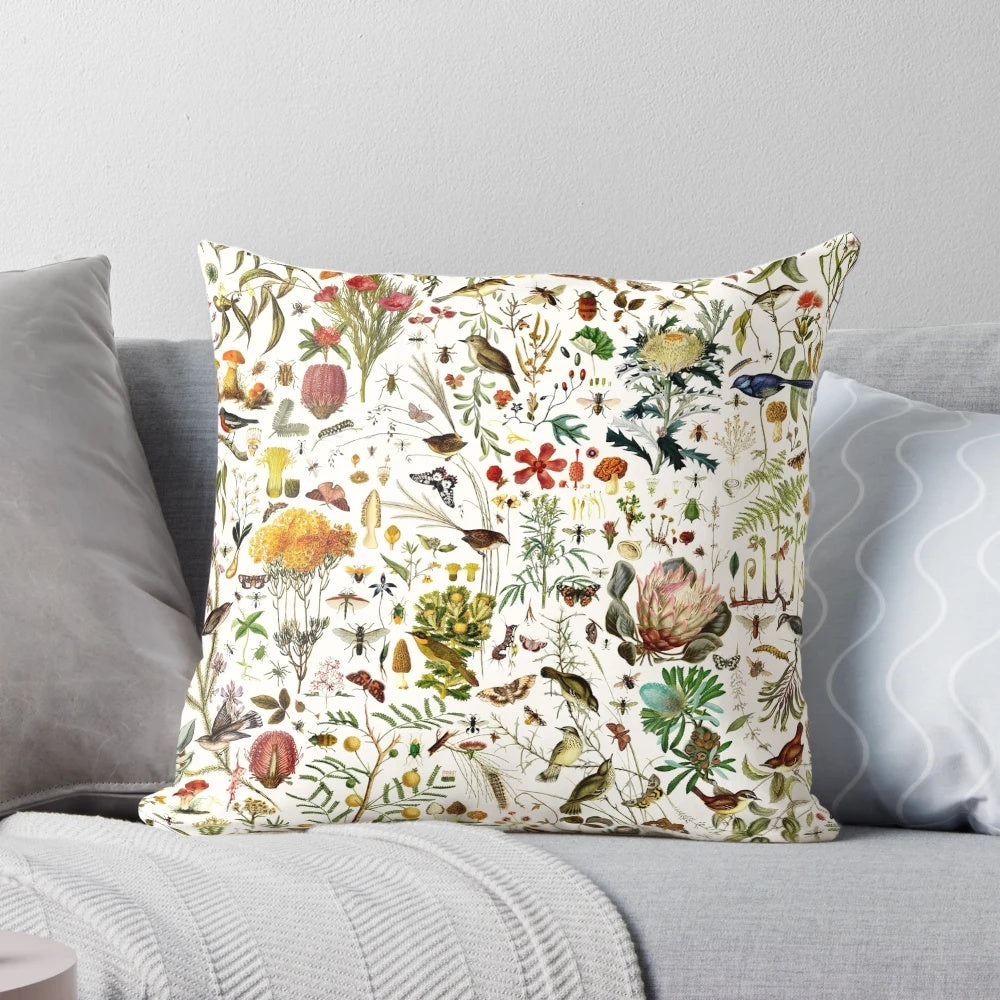 A detailed, seamless pattern featuring a collage of Australian flora and fauna, including butterflies, birds, insects, and botanicals.