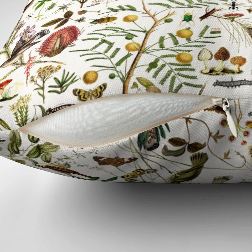 A detailed, seamless pattern featuring a collage of Australian flora and fauna, including butterflies, birds, insects, and botanicals.