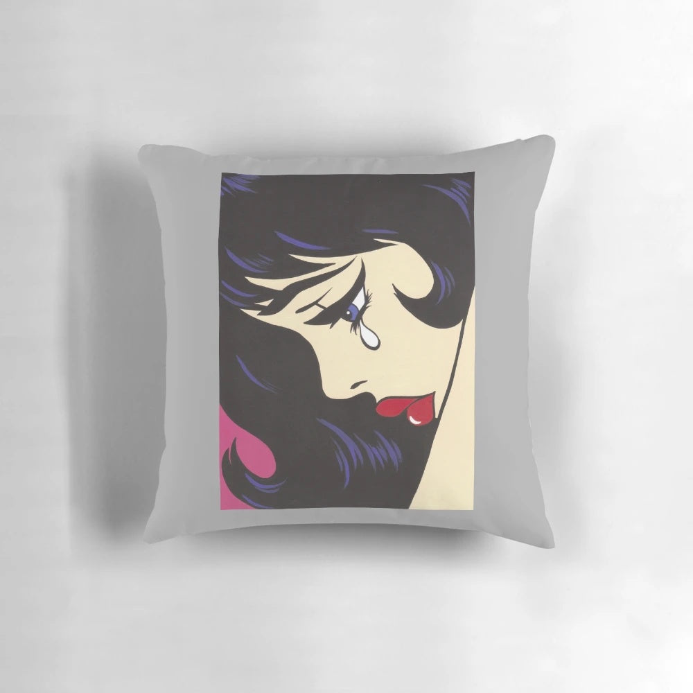 A black and white illustration of a crying comic-style girl with curly hair, printed on a soft pillow for home decor.