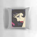 A black and white illustration of a crying comic-style girl with curly hair, printed on a soft pillow for home decor.