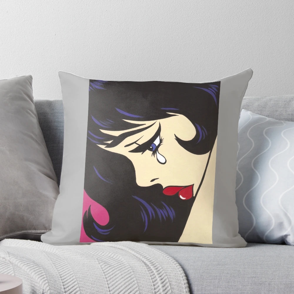 A black and white illustration of a crying comic-style girl with curly hair, printed on a soft pillow for home decor.