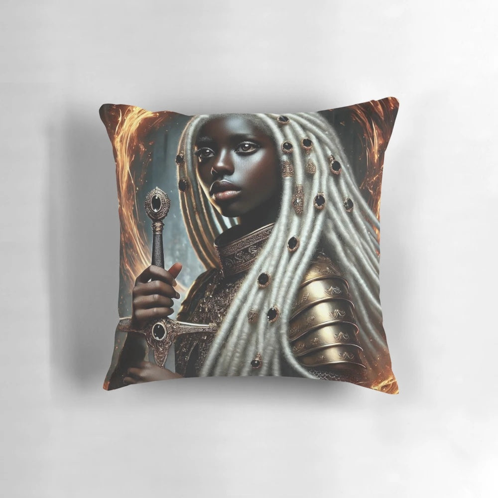Black Warrior of Fire Pillow with Celestial Imagery and Angelic Elements