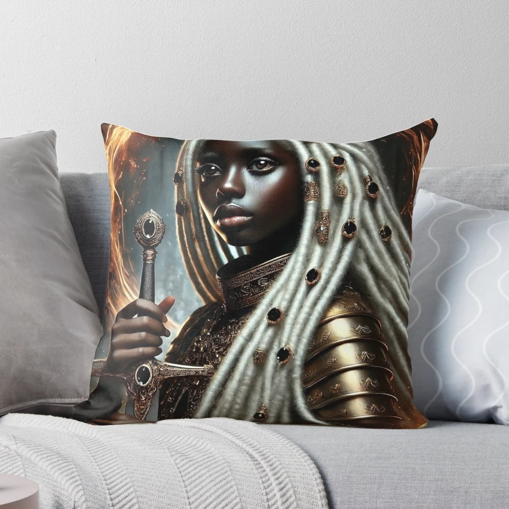 Black Warrior of Fire Pillow with Celestial Imagery and Angelic Elements
