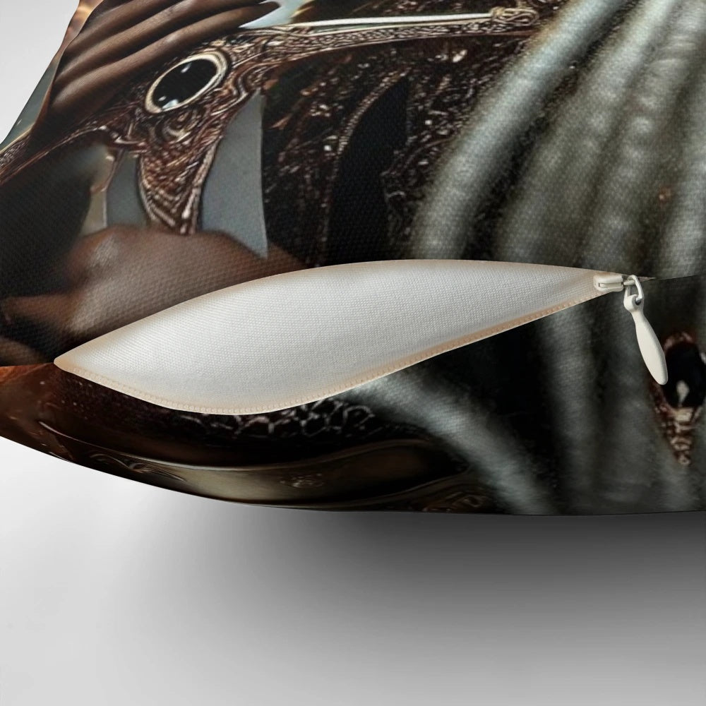 Black Warrior of Fire Pillow with Celestial Imagery and Angelic Elements