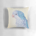Soft, pastel-toned painting of a friendly, curious blue quaker parrot on a pillow