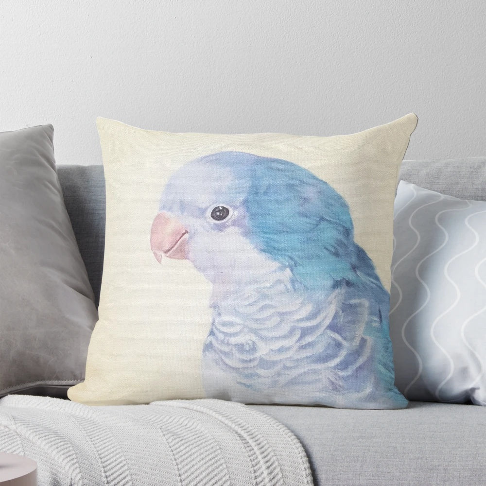 Soft, pastel-toned painting of a friendly, curious blue quaker parrot on a pillow