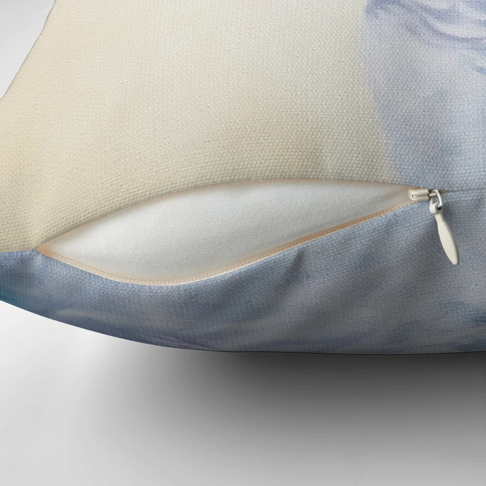 Soft, pastel-toned painting of a friendly, curious blue quaker parrot on a pillow